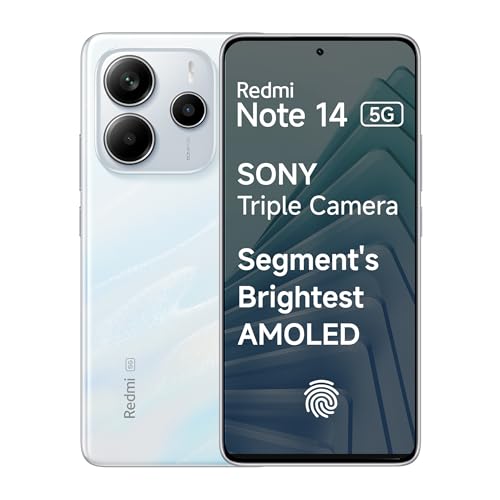 Redmi Note 14 5G (Mystique White, 6GB RAM 128GB Storage) | Global Debut MTK Dimensity 7025 Ultra | 2100 nits Segment Brightest 120Hz AMOLED | 50MP Sony LYT 600 OIS+EIS Triple Camera