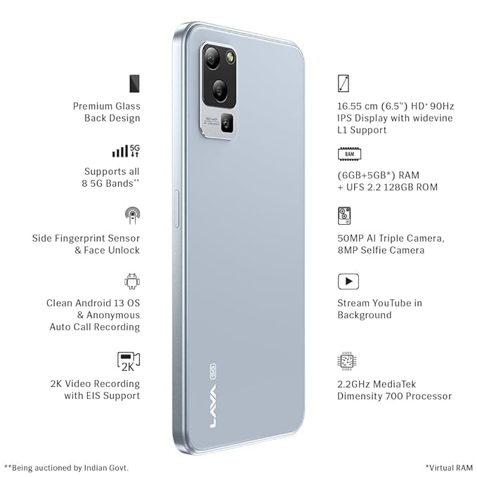 Lava Blaze 5G (Glass Blue, 6GB RAM, UFS 2.2 128GB Storage)| Segment's Most Affordable 5G Smartphone| Ultrafast Mediatek D700 | 50MP AI Triple Camera | 5000 mAh | 6.5" HD+ 90 Hz Display | Clean UI