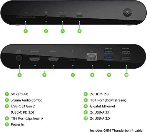 Belkin Thunderbolt 4 Dock Pro, Single 8K @ 60hz, Dual 4K Display Compatible, 2 x Thunderbolt 4 Port, 2 x HDMI Port, 90W Power Delivery PD, Audio in/Out, Compatible with MacBook Pro, XPS, and More