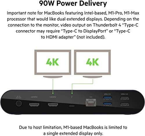 Belkin Thunderbolt 4 Dock Pro, Single 8K @ 60hz, Dual 4K Display Compatible, 2 x Thunderbolt 4 Port, 2 x HDMI Port, 90W Power Delivery PD, Audio in/Out, Compatible with MacBook Pro, XPS, and More