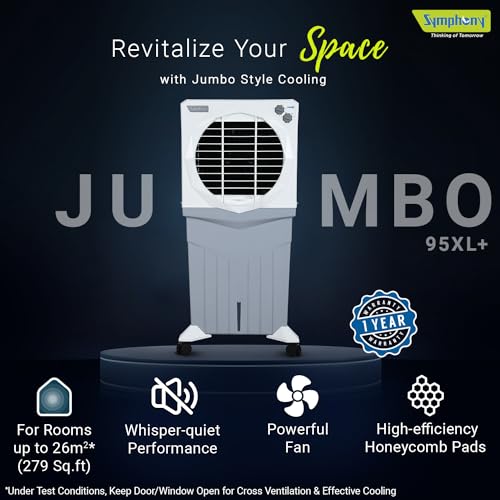 Symphony Jumbo 95XL+ Desert Air Cooler for Home with Honeycomb Pads, Powerful Fan, and Cool Flow Dispenser (95L, White)