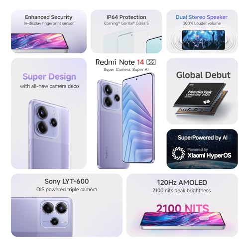 Redmi Note 14 5G (Phantom Purple, 8GB RAM 256GB Storage) | Global Debut MTK Dimensity 7025 Ultra | 2100 nits Segment Brightest 120Hz AMOLED | 50MP Sony LYT 600 OIS+EIS Triple Camera