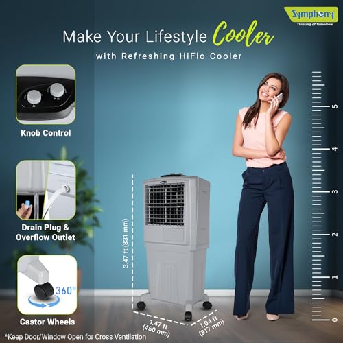 Symphony HiFlo 40 Personal Air Cooler For Home with Powerful Blower, Honeycomb Pads, i-Pure Technology and Low Power Consumption (40L, Light Grey)