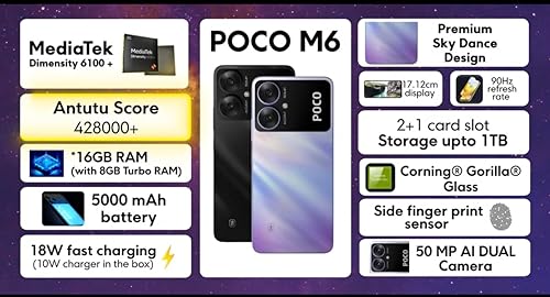 POCO M6 5G (Galactic Black,6GB RAM, 128GB Storage) | MediaTek Dimensity 6100+ 5G Processor | 5000 mAh Battery + 18W Fast Charging | 50 MP AI Dual-Camera System & Side Fingerprint Sensor