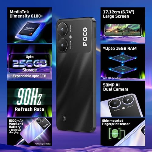 POCO M6 5G (Galactic Black,6GB RAM, 128GB Storage) | MediaTek Dimensity 6100+ 5G Processor | 5000 mAh Battery + 18W Fast Charging | 50 MP AI Dual-Camera System & Side Fingerprint Sensor
