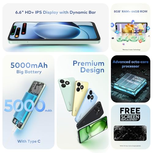 itel A50|6.6" HD+ Display with Dynamic Bar| 3GB RAM +64GB ROM, Upto 8GB RAM with Memory Fusion|Octacore Processor|8MP AI Dual Rear Cam|5000 mAh Battery | Lime Green
