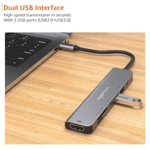 Amazon Basics 7-in-1 USB C HUB to 4K HDMI Multiport Adapter Compatible for USB C Laptops and Other Type C Devices MacBook Pro M1 M2,(4K HDMI USB3.0 SD/TF Card Reader 85W PD Data)