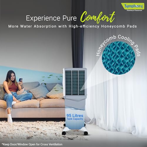 Symphony Jumbo 95XL+ Desert Air Cooler for Home with Honeycomb Pads, Powerful Fan, and Cool Flow Dispenser (95L, White)