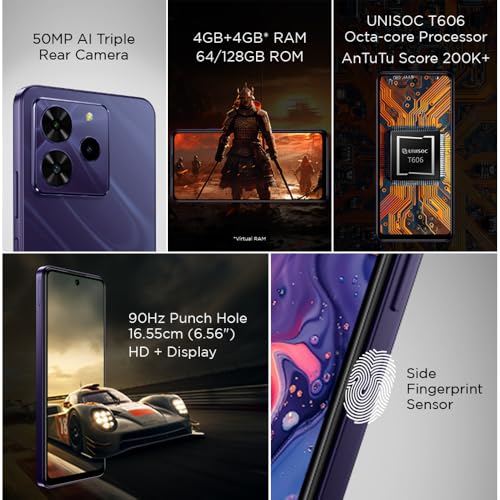 Lava O3 Pro (Glossy Purple, 4 GB RAM, 128 GB Storage)| Bigger 6.56" HD+ Display | 50 MP AI Triple Rear Camera | 8 MP Front Camera| 5000 mAh Battery | 10W Charging | Charger in Box