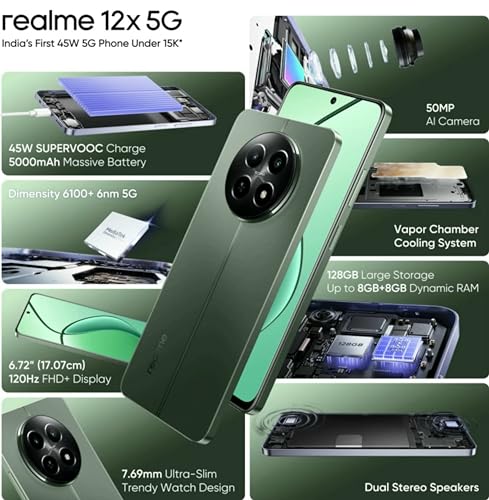 realme 12x 5G (Woodland Green, 6GB RAM, 128GB Storage) | Upto 12GB (6+6GB) Dynamic RAM | Dimensity 6100+ Processor | 50 MP AI Camera | 7.69 mm Ultra-Slim Trendy Watch Design | 45 W SUPERVOOC Charge