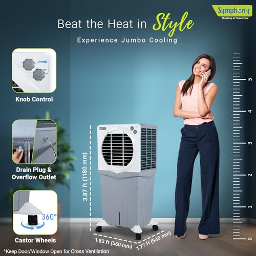 Symphony Jumbo 95XL+ Desert Air Cooler for Home with Honeycomb Pads, Powerful Fan, and Cool Flow Dispenser (95L, White)