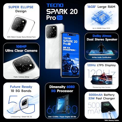TECNO Spark 20 PRO 5G (Glossy White, 8GB+128GB)| 108MP Ultra Clear Imaging Refurbished