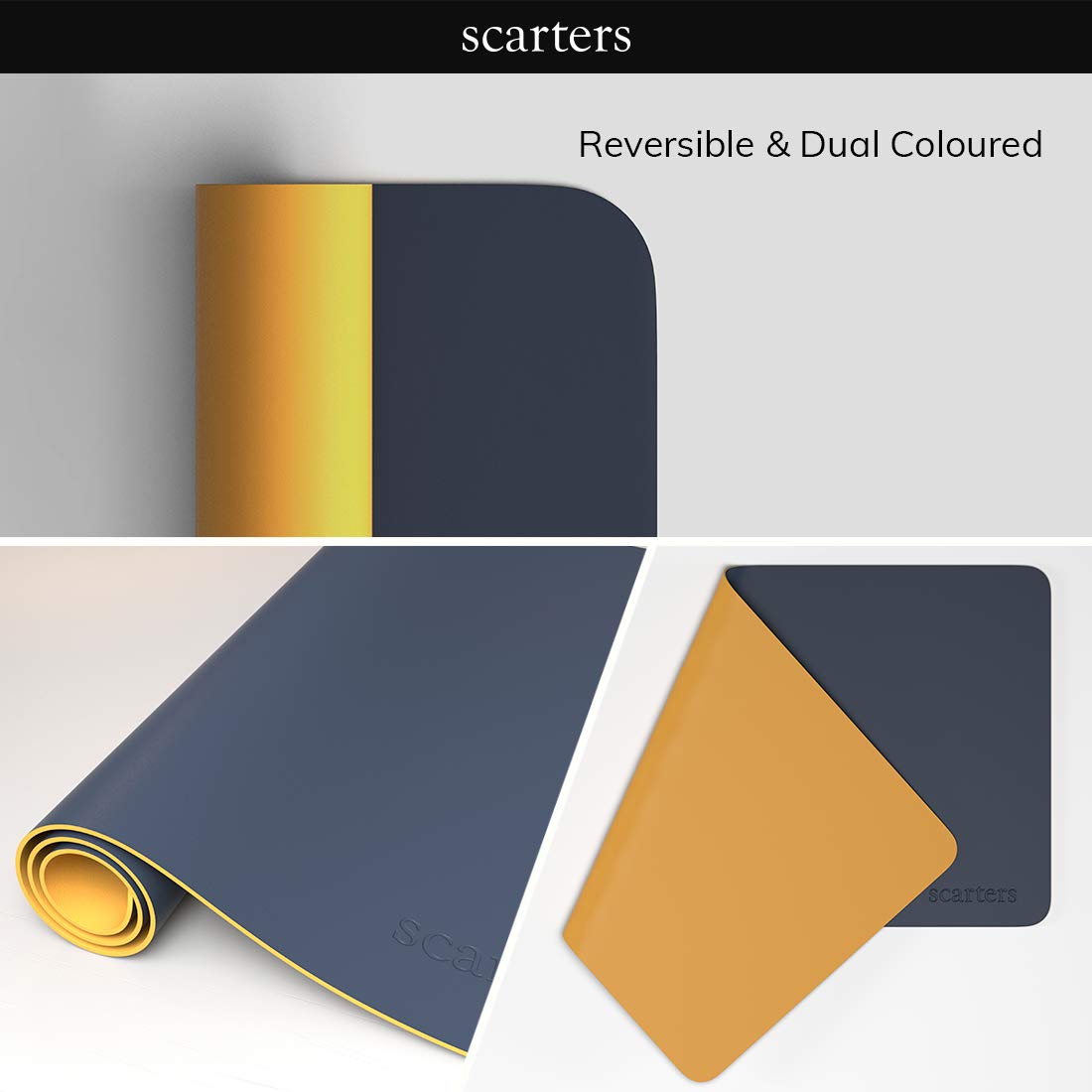 Scarters Desk mat | Desk Accessories for Work from Home and Office | Extended Mouse Pad | Reversible (Blue & Yellow) | 90 * 45cm | Anti Slip, Vegan PU