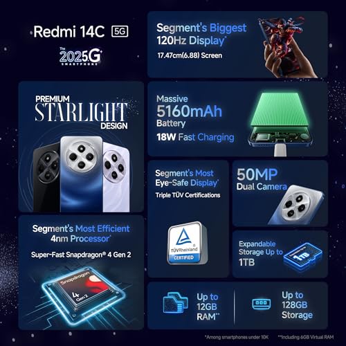 Redmi 14C 5G (Stardust Purple, 6GB RAM, 128GB Storage) | Superfast 4nm Snapdragon 4 Gen 2 | 120Hz 17.47cm (6.88”) Display | 5160mAh Battery | 50MP Dual Camera | Premium Starlight Design