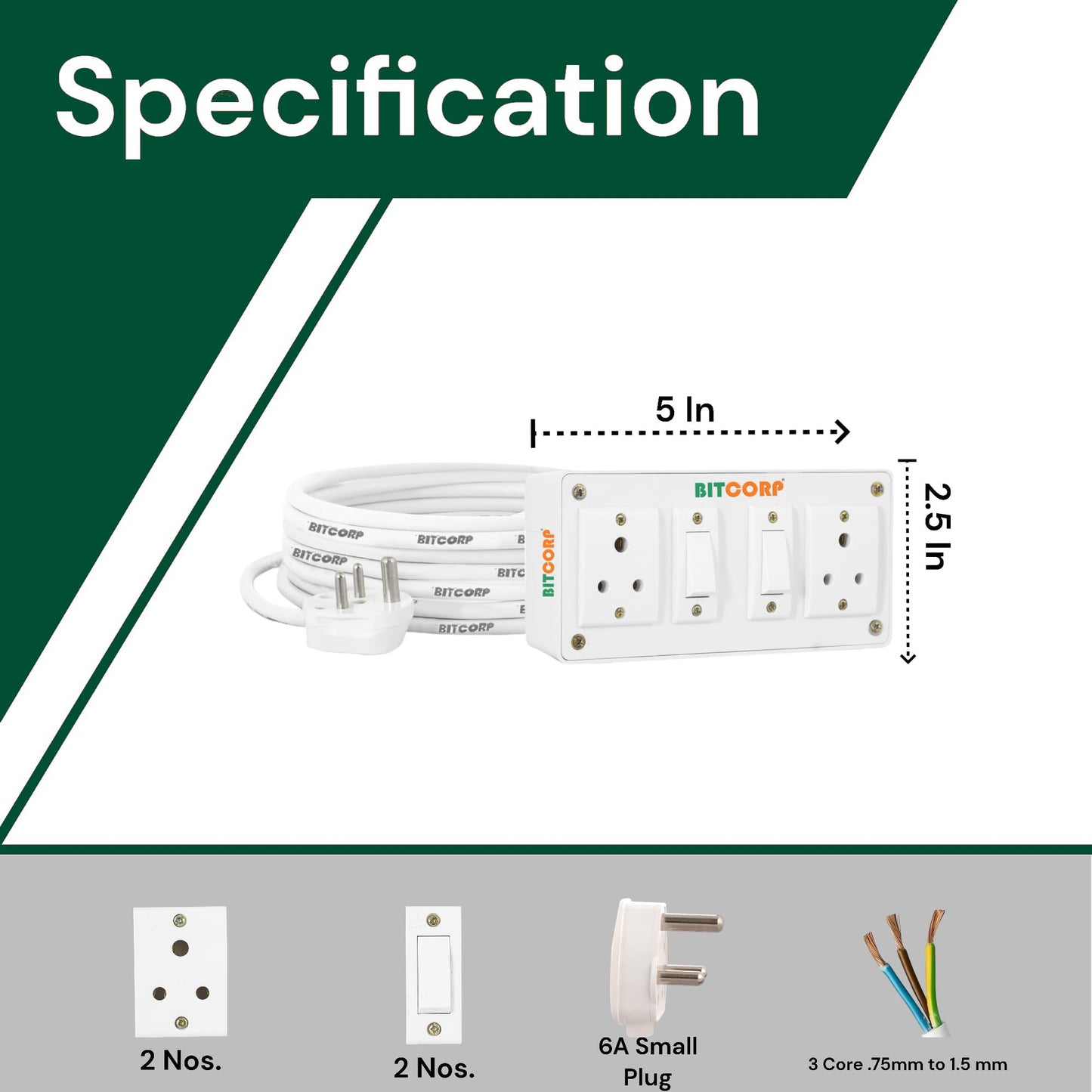Bitcorp Extension Board Small and Heavy Duty Junction Box 6A 10A 13A 2 Way Socket 2 Switch (2000W) High Voltage with Thermal Protection Surge Control 2 Meter Long Cable Cord (White)