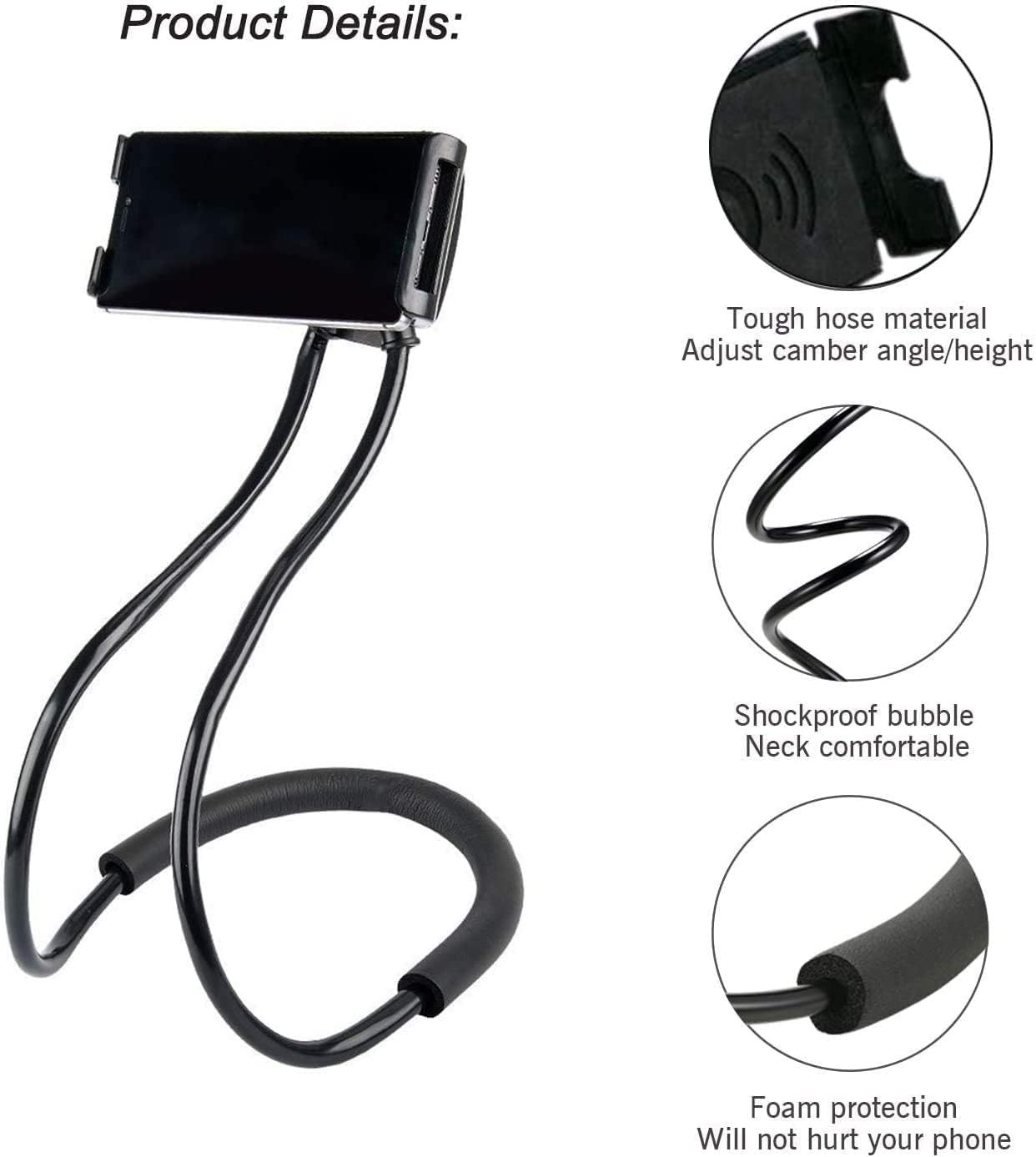 Sounce Lazy Neck Phone Holder Neck Hanging Mobile Cell Phone Stand 360 Rotating Flexible Long Arms Stand Clip Holder Compatibl with 4-7 Inches Smatphones - Black
