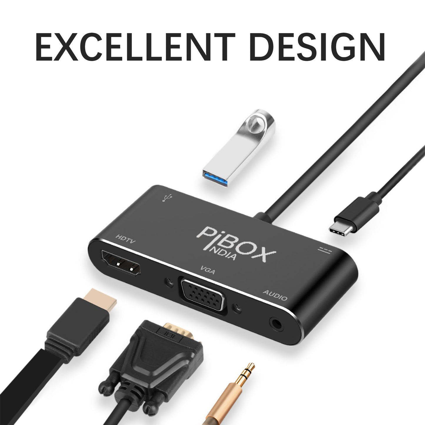 PiBOX India, USB C to HDMI VGA USB Adapter, Aluminium Type C USB hub 3.1 to HDMI 4K/VGA/USB 3.0/USB C Converter Cable Charging Port Adapter Cable for Mac, Compatible Samsung Galaxy/Samsung Note