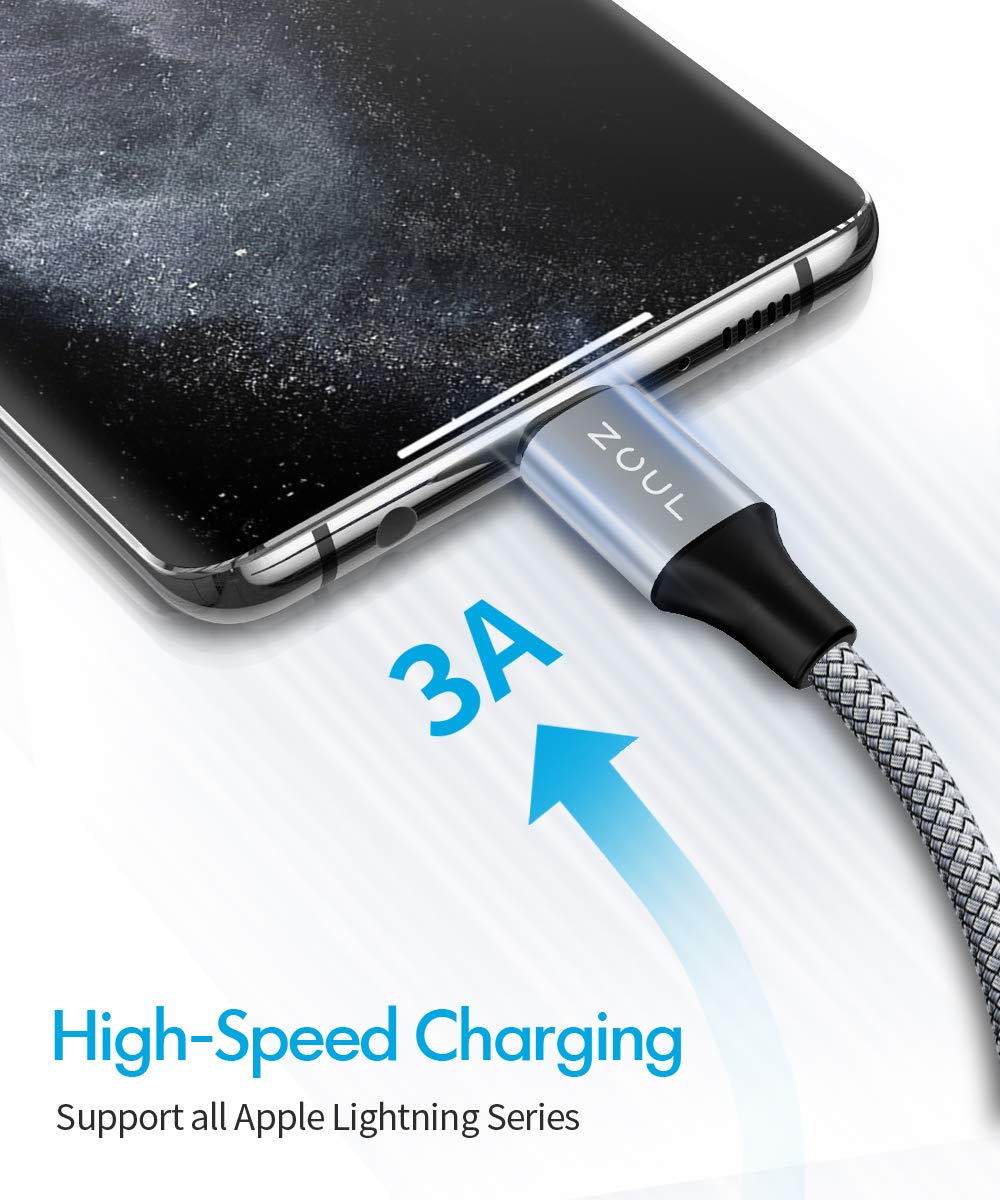 Zoul USB to Lightning Short Nylon Braided Fast Charging and Data Sync Cable Compatible for iPhone 14, 13, 12, 11, X, XR, XS, XS Max, 8, 7, 6, iPad Air/Pro/Mini, Powerbank (0.25M, Grey)