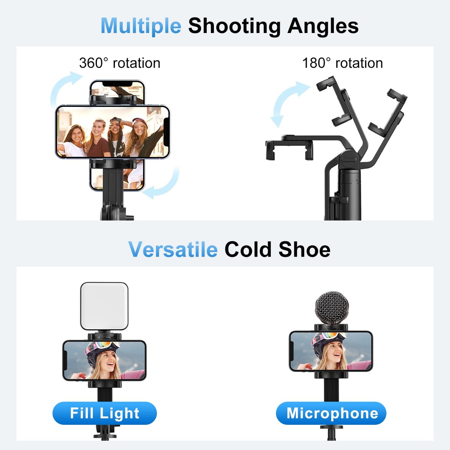 Mobilife 64" Multi-Function Selfie Stick Tripod Long Selfie Stick for iPhone&Android Multiple Mount for Camera Gopro Fill Light Aluminum Portable Mobile Tripod with Bluetooth Remote,Black