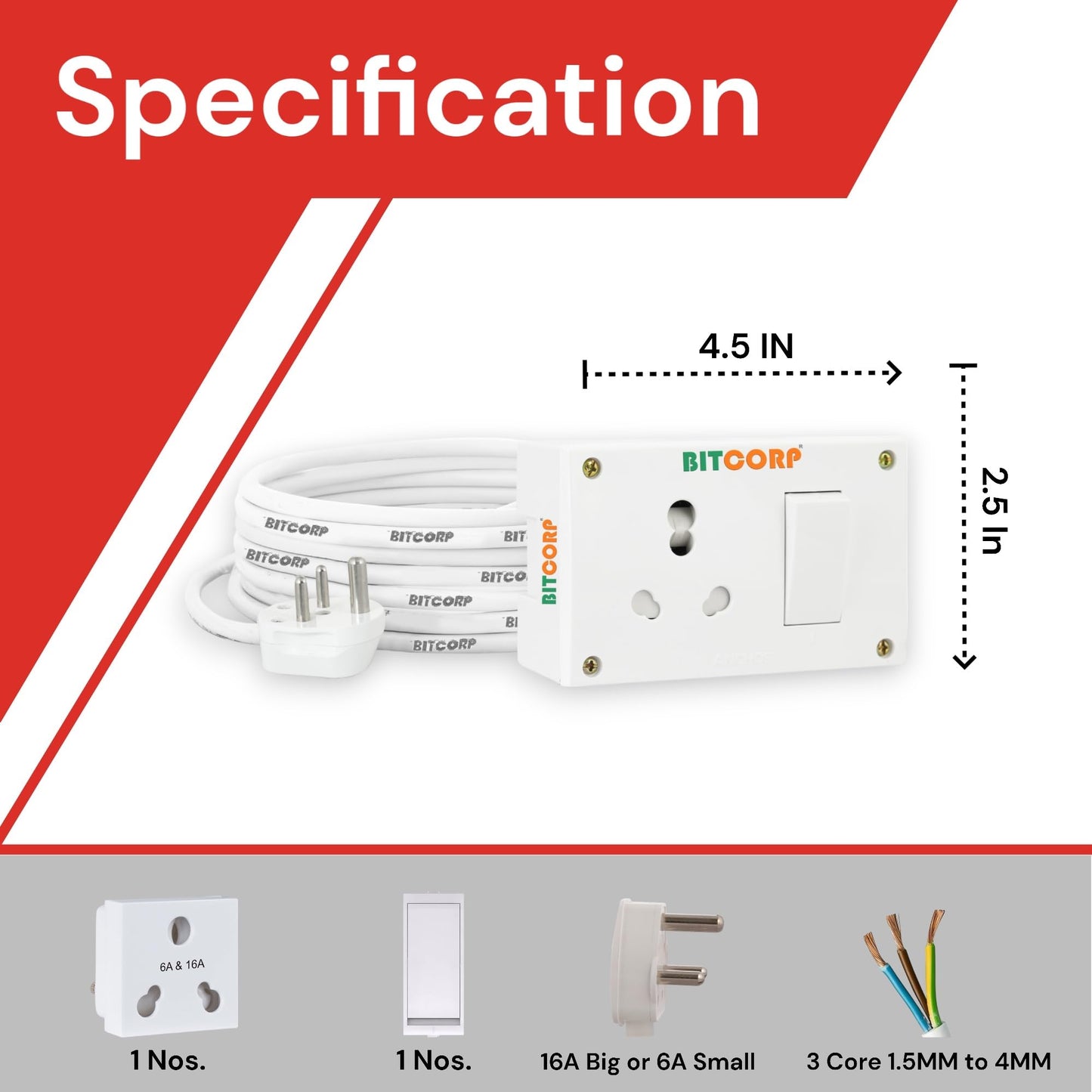 Bitcorp Single Socket Extension Board 1 Way Plug and 1 Switch 15A 16A 20A (2500W) 5 Meter Long Length Cable Cord Compatible with Ac, Fridge, Washing Machine, Microwave and Heavy Appliances (White)