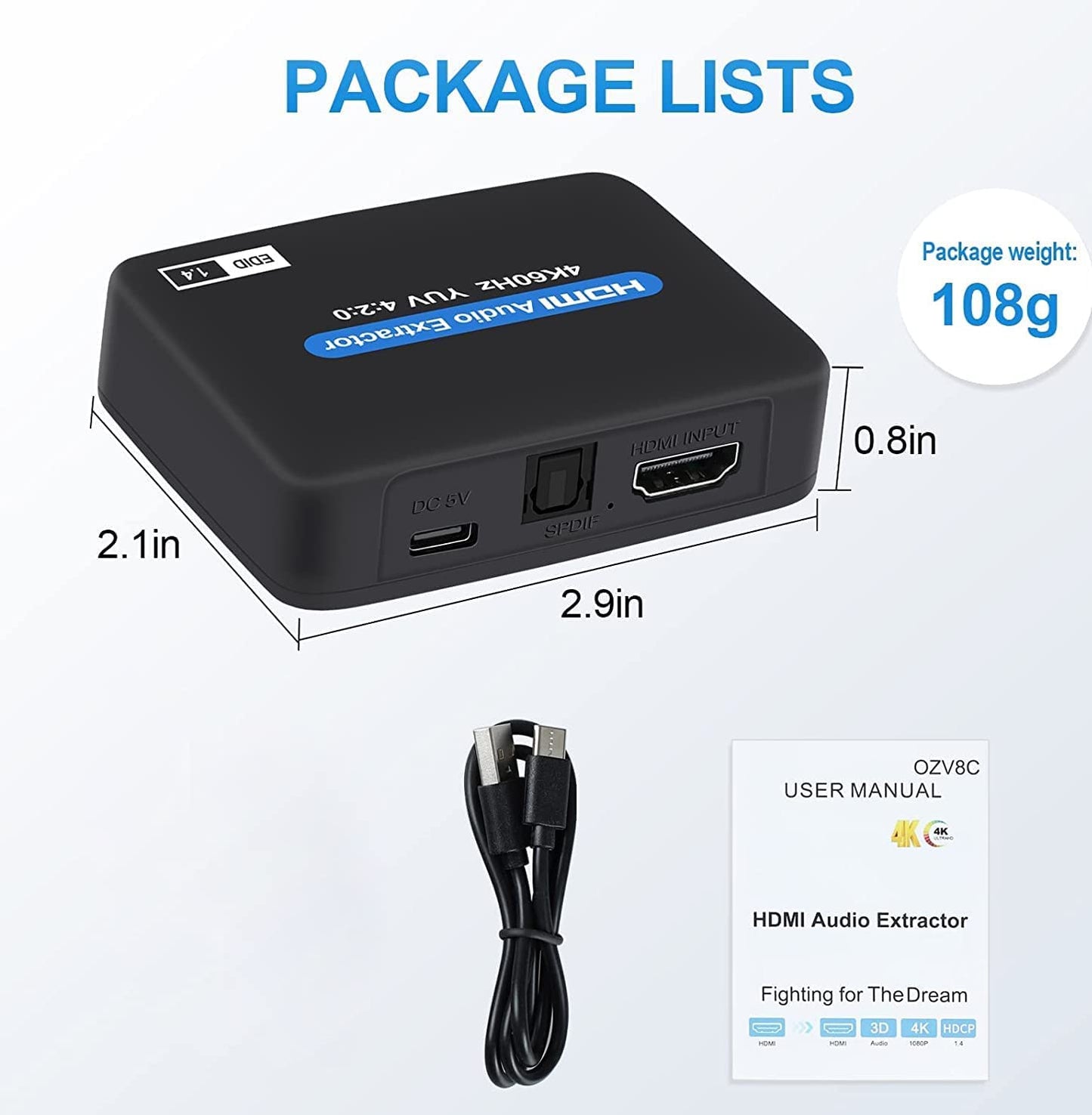 Tobo HDMI Audio Extractor, 4K@60Hz HDMI to HDMI + Optical Toslink SPDIF + 3.5mm Audio Output, HDMI Audio Converter Adapter Embedder Support 1080P 3D Suit for Fire Stick, X-Box, Laptop.-TD-876H.