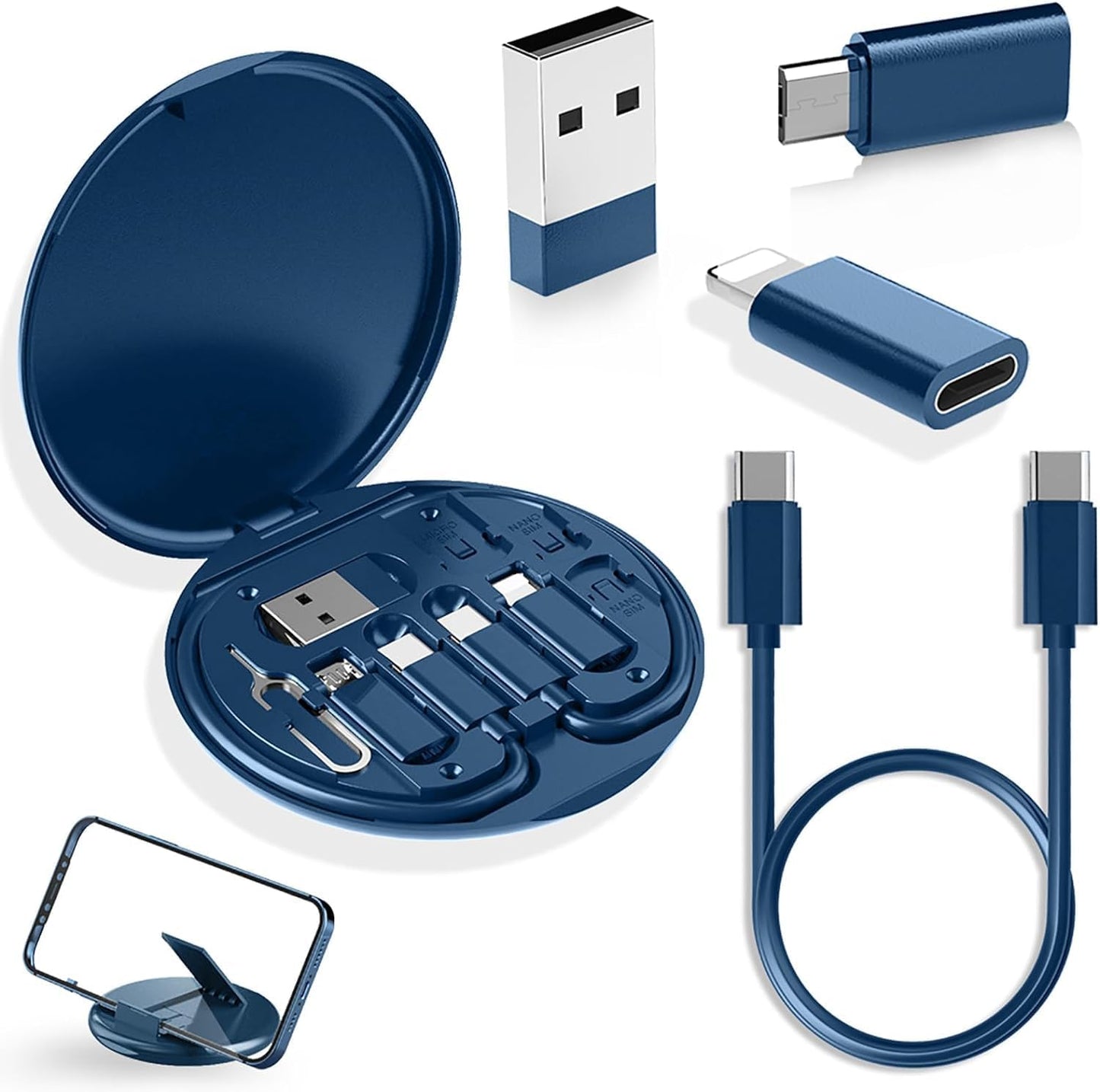 NOCXTUN Multifunctional Data Cable Conversion Head Portable Storage Box, Multi-Type Charging Line Convertor USB Type C Adapter Tool Contains Sim Card Slot Tray Eject Pin, Phone Holder (Multi-Colour)