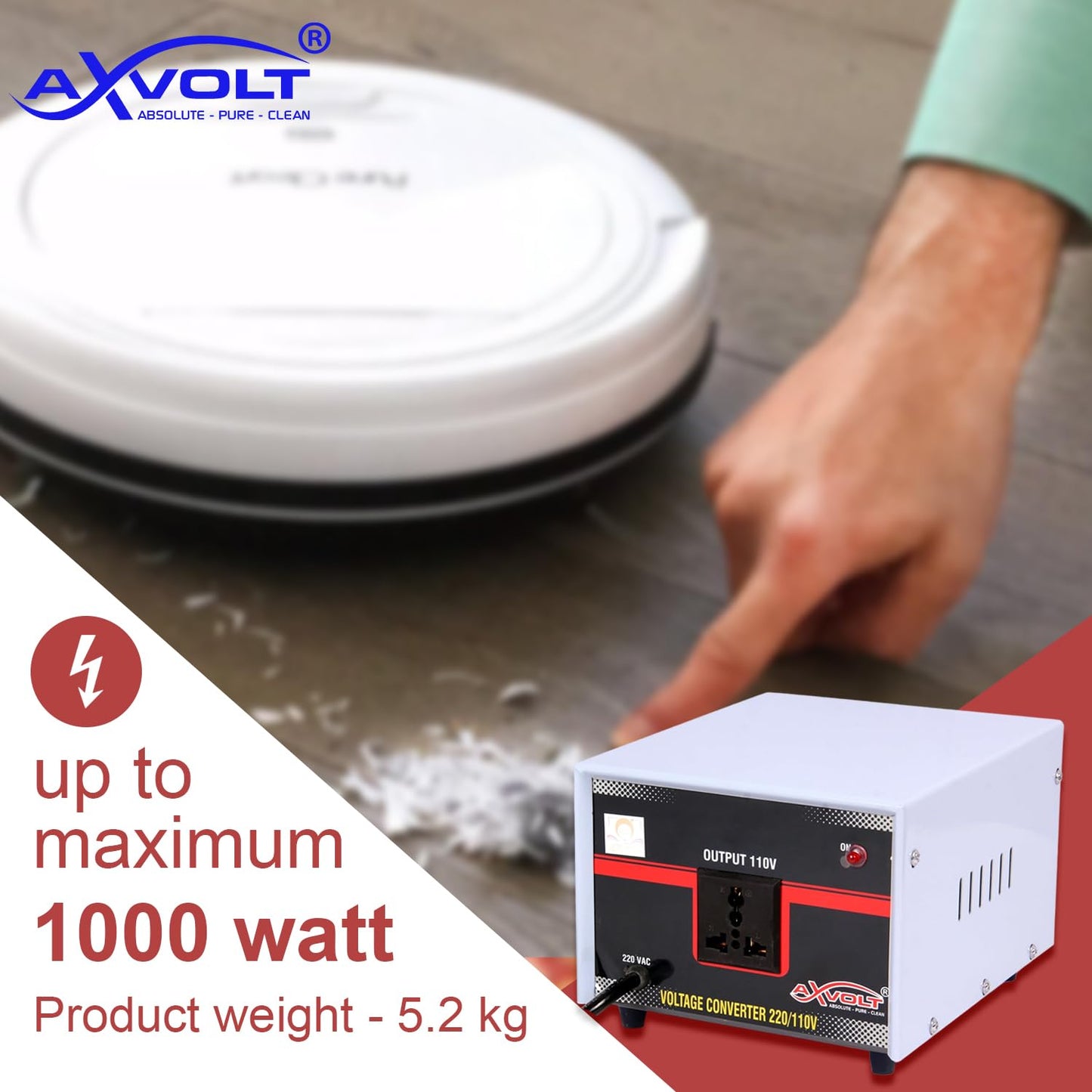 220V to 110V Stepdown Transformer 1000W AXVOLT Crysta Voltage Converter for USA products to be used in India