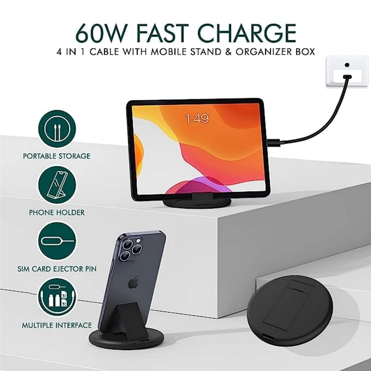 NOCXTUN Multifunctional Data Cable Conversion Head Portable Storage Box, Multi-Type Charging Line Convertor USB Type C Adapter Tool Contains Sim Card Slot Tray Eject Pin, Phone Holder (Multi-Colour)
