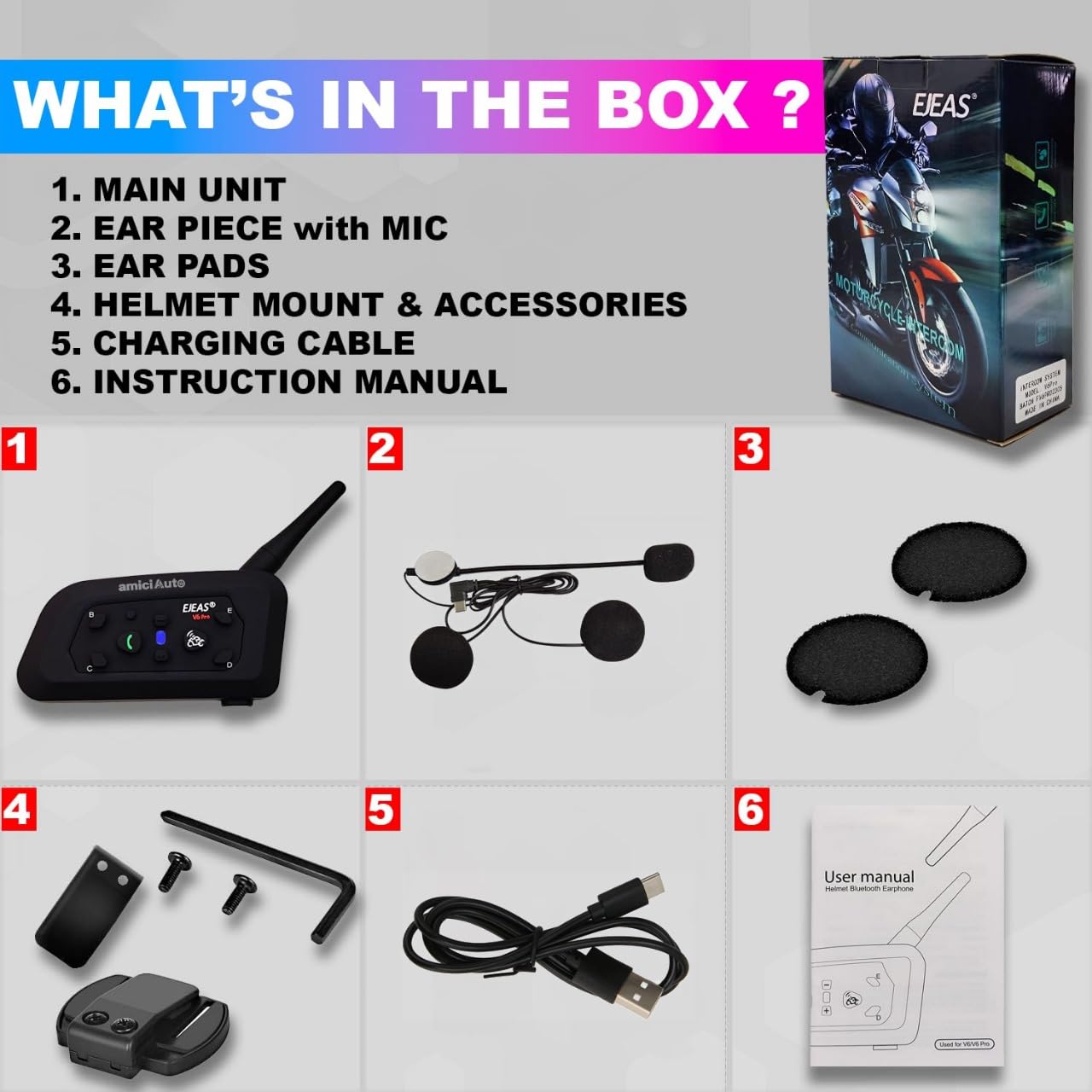 amiciAuto Ejeas V6 Pro Helmet Bluetooth Intercom for 6 Riders, Headphone with Mic for Motorcycle Riders Communication (Double Unit)