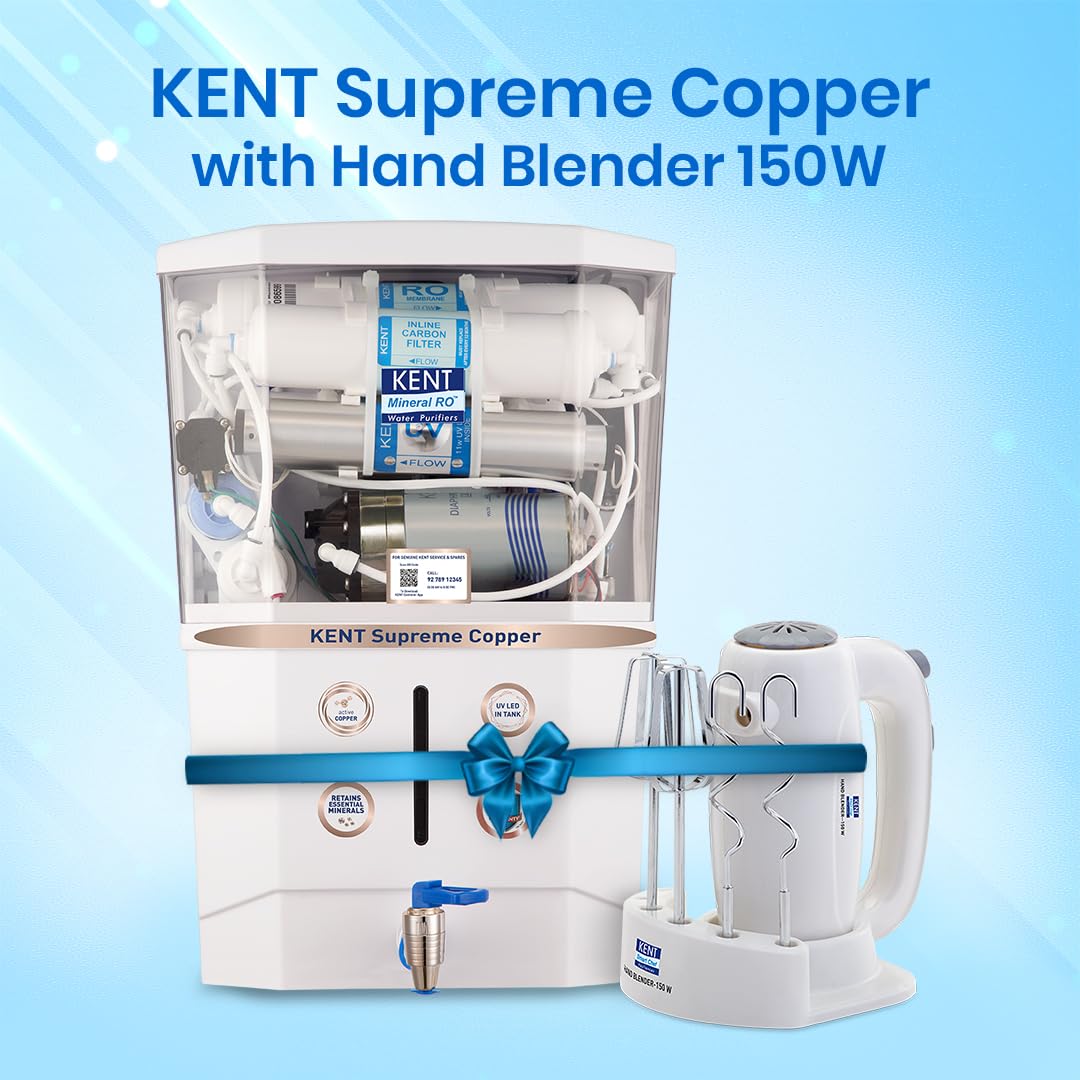 KENT Supreme Copper RO Water Purifier & Hand Blender 150 Watt | Multi Stage Purification | RO + UV + UF + Copper + TDS Control + LED Tank | Fit for Borewell and Municipal Water Tanker
