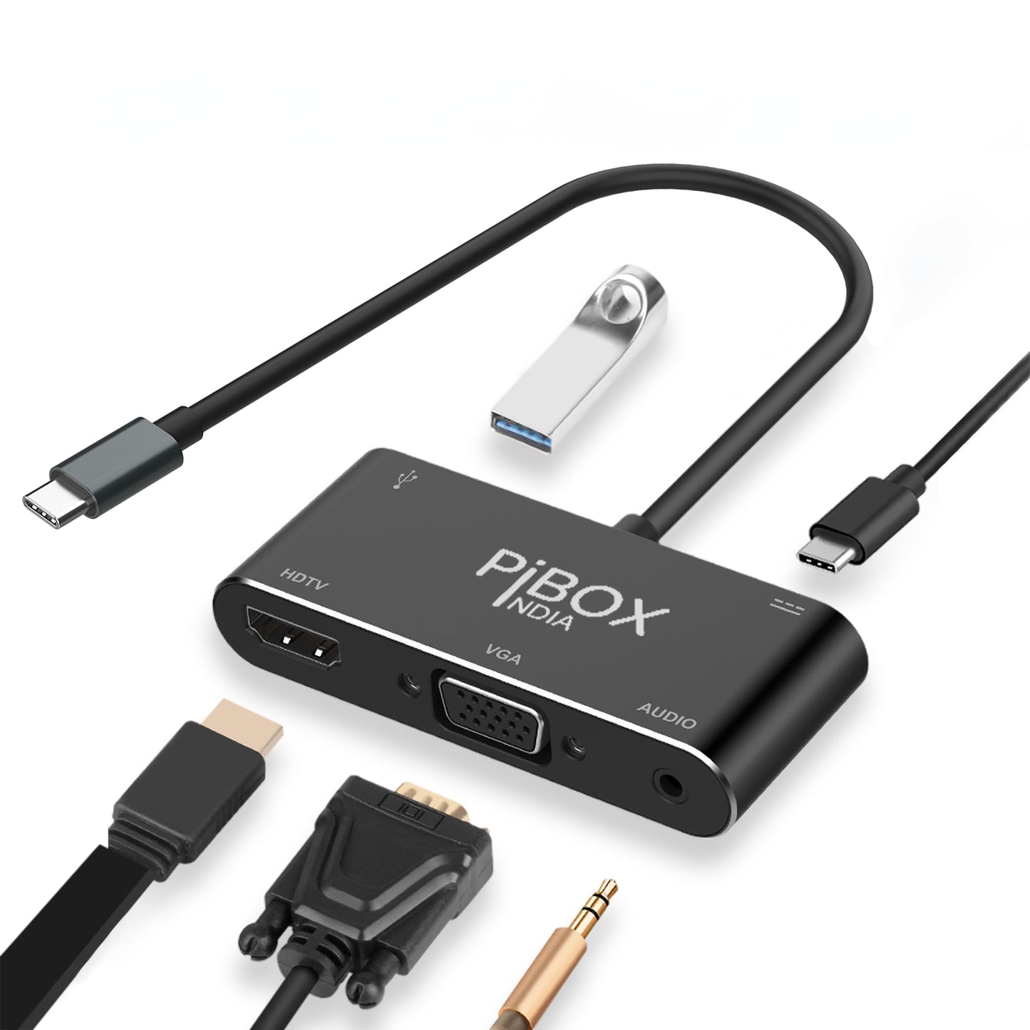 PiBOX India, USB C to HDMI VGA USB Adapter, Aluminium Type C USB hub 3.1 to HDMI 4K/VGA/USB 3.0/USB C Converter Cable Charging Port Adapter Cable for Mac, Compatible Samsung Galaxy/Samsung Note