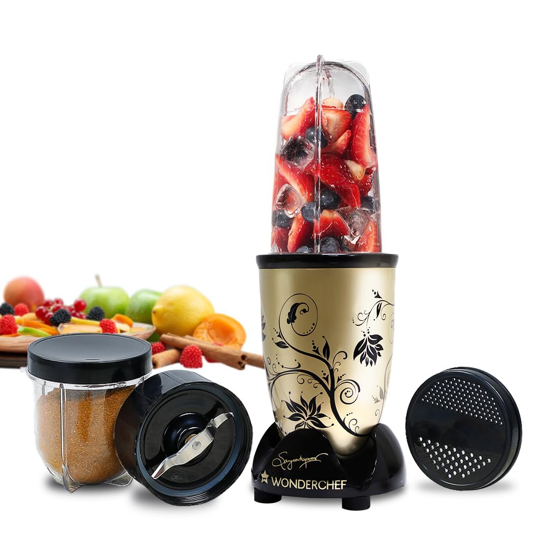 Wonderchef Nutri-blend Mixer, Grinder & Blender|500W 22000 RPM 100% Full Copper Motor|Stainless Steel Blades|2 Unbreakable Jars|2 Years Warranty|Recipe book by Chef Sanjeev Kapoor|Champagne