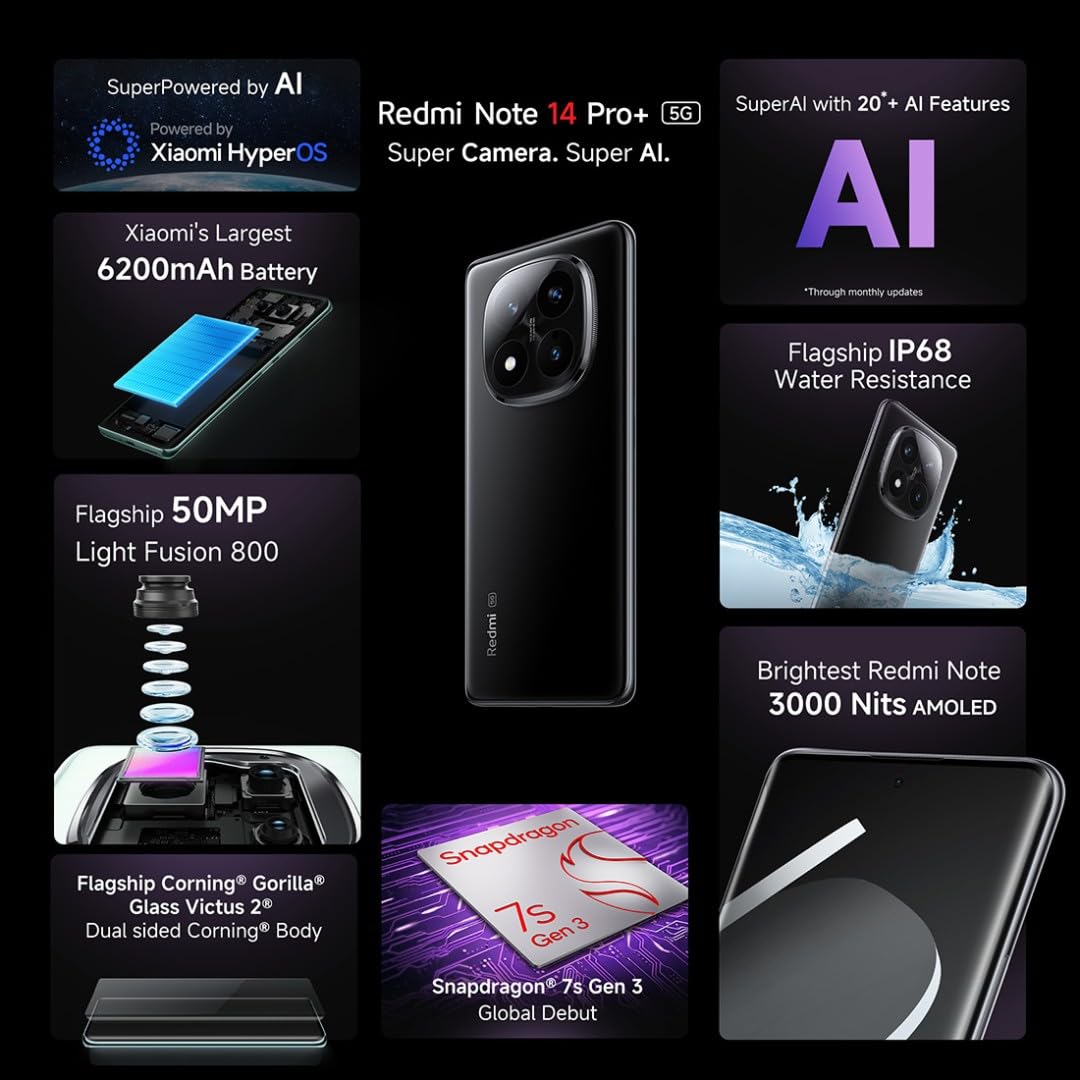 Radmi Note 14 Pro+ 5G AI Smartphone (Titan Black, 12GB RAM + 512GB Storage) | Snapdragon 7s Gen 3 Processor | AMOLED Display | Dual Nano-SIM | 6200mAh Battery