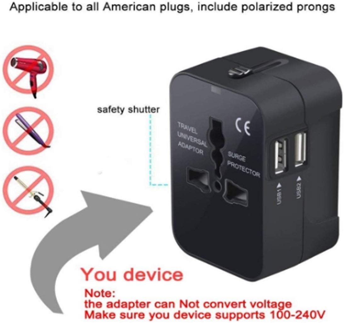 rts Universal Travel Adapter, International All in One Worldwide Travel Adapter and Wall Charger with USB Ports with Multi Type Power Outlet USB 2.1A,100-250 Voltage Travel Charger (Black)