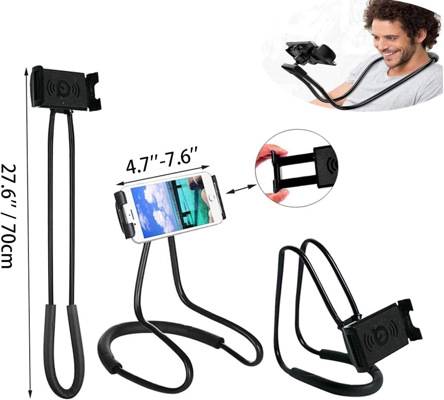 Sounce Lazy Neck Phone Holder Neck Hanging Mobile Cell Phone Stand 360 Rotating Flexible Long Arms Stand Clip Holder Compatibl with 4-7 Inches Smatphones - Black