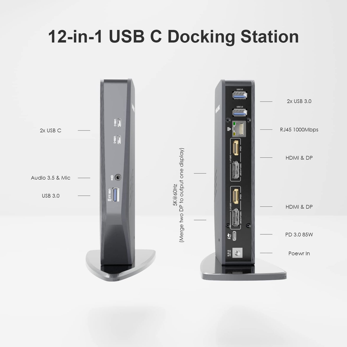 WAVLINK USB C Universal Laptop Docking Station with 60W,Dual 4K @60Hz Monitor for USB-C and USB 3.0,Compatible with Windows, Mac, and Chrome(2 HDMI,2 DP, 6xUSB, LAN, Audio)