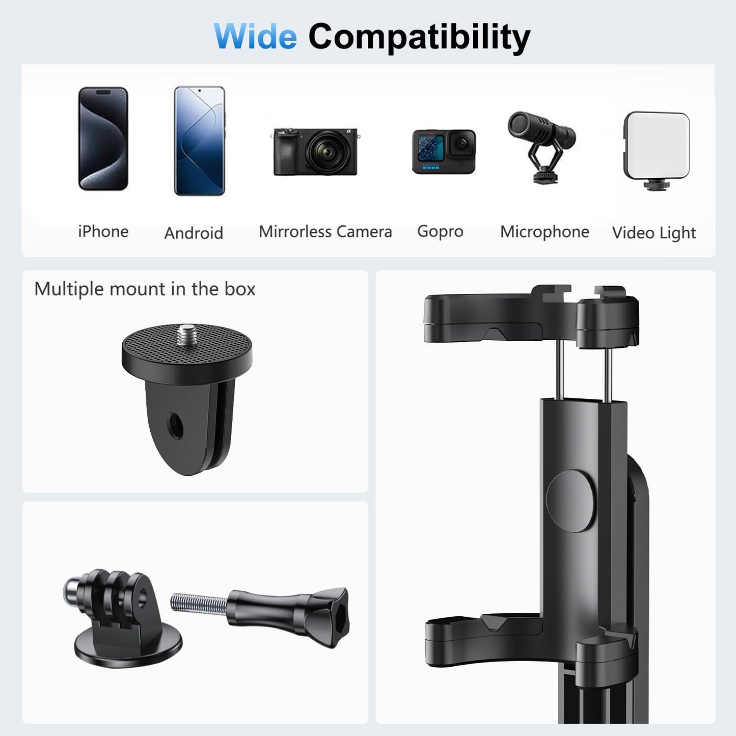 Mobilife 64" Multi-Function Selfie Stick Tripod Long Selfie Stick for iPhone&Android Multiple Mount for Camera Gopro Fill Light Aluminum Portable Mobile Tripod with Bluetooth Remote,Black