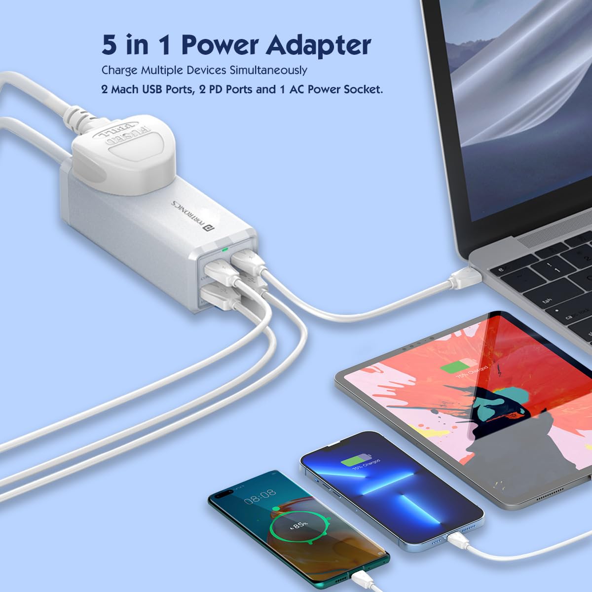 Portronics Adapto Volt 65 65W High Speed 5-in-1 Power Strip with 2 Type C PD Ports, 2 Mach USB Ports and 1 AC Power Socket, Compatible with Laptop,Smartphones, iPhones, Tablet, Power Bank(White)