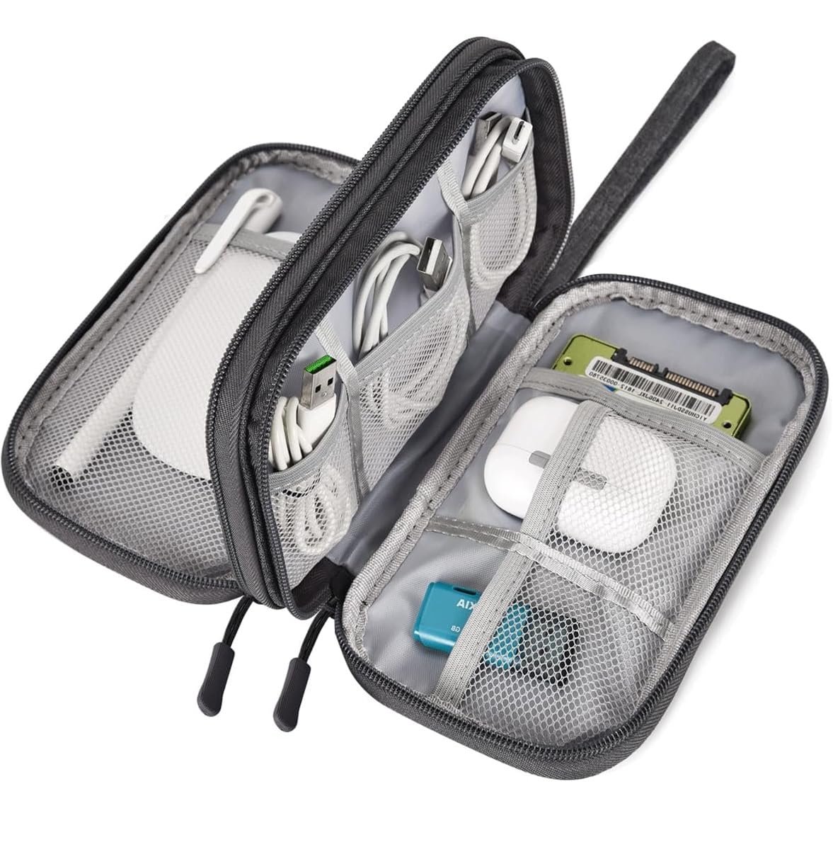 SaleOn 8.3x5 inch Portable Storage Organizer Bag for USB Cable, Earphone, Power Bank, Mobile Charger, Hard Disk & Digital Gadgets with Mesh Pockets, Dual Zippers & Elastic Loops, Inside Color May Vary