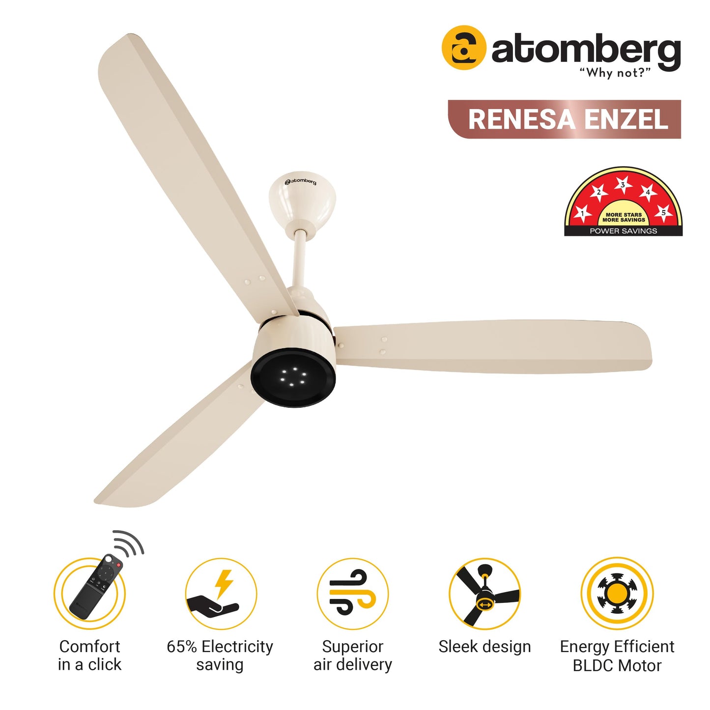 atomberg Renesa Enzel 1200mm BLDC Ceiling Fan with Remote Control | BEE 5 star Rated Energy Efficient Ceiling Fan | High Air Delivery with LED Indicators| 2 Year Warranty (Seasand Ivory)