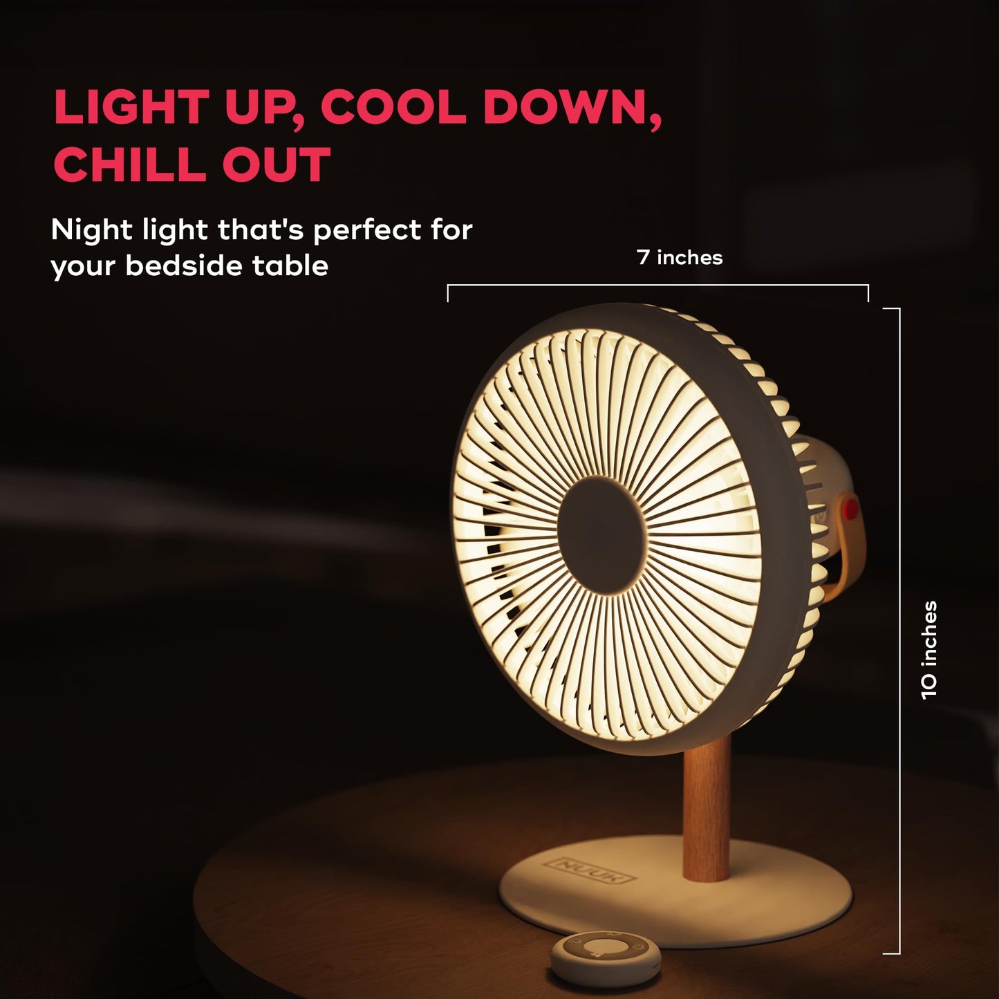 NUUK LIT v2 Cordless & Rechargeable 7 Inch Table Fan with Night Light & Remote Control | Auto Oscillation with 4 Wind Modes | BLDC Fan with Up To 17 Hour Run Time | Portable Table Fan for Home, Office