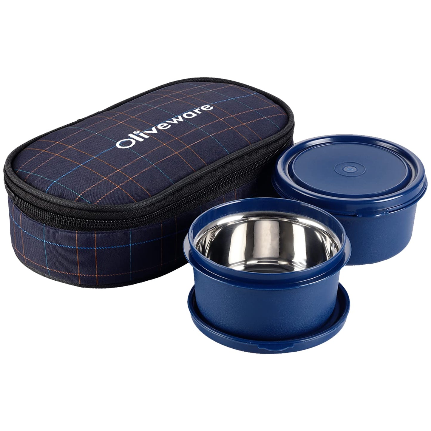Oliveware Deniz Lunch Box, 2 Inner Steel Containers (450 ml Each), Leak Proof & Microwave Safe, Insulated Fabric Bag, Full Meal & Easy to Carry (Blue)