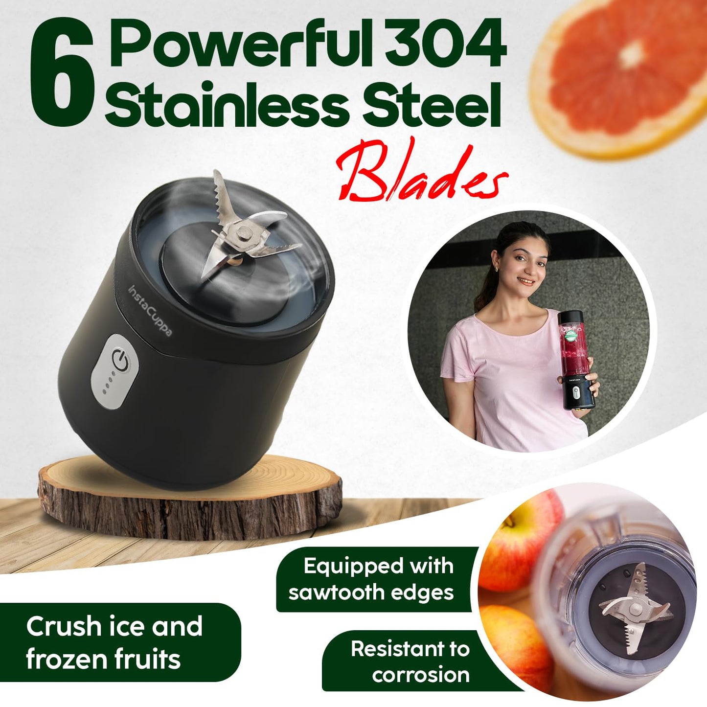 InstaCuppa Portable Blender for Smoothie, Milk Shakes, Crushing Ice and Juice, USB Rechargeable Battery with 4000 mAh 230 Watts Motor, 500 ML, built-in Jar, Black (Stainless Steel Blades)