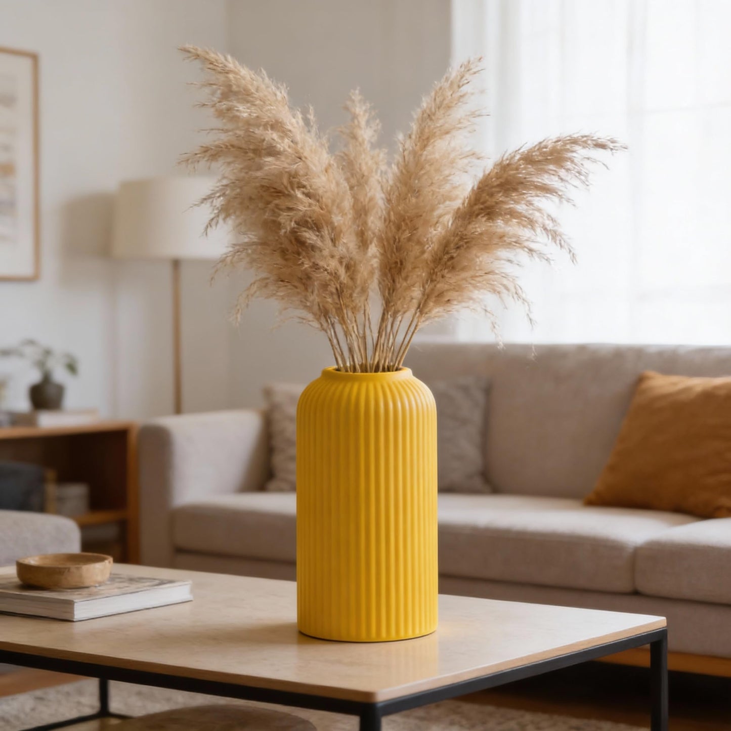 Yellow Ribbed Ceramic Flower Vase 6 Inch Matte Pampas Grass & Dried Flower Vase for Home & Office Table Decor Decorative Centerpiece Gift – Vase Only (Copy)