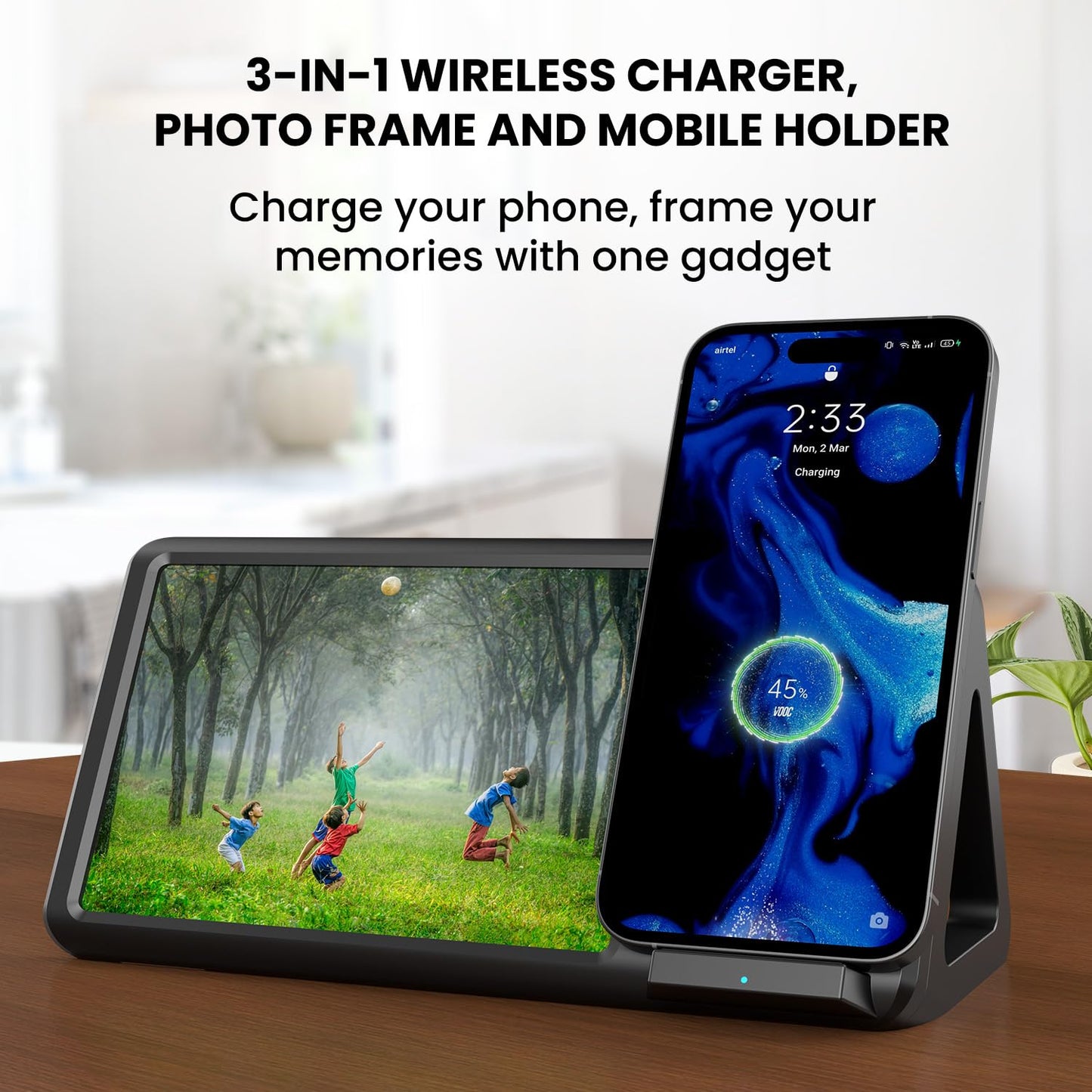 Portronics Freedom 5 Provides Double Utility- a 15W Wireless Charger for Your iPhone (12 & Above Series) and a Photo Frame to Preserve Your Timeless Memories(Black)