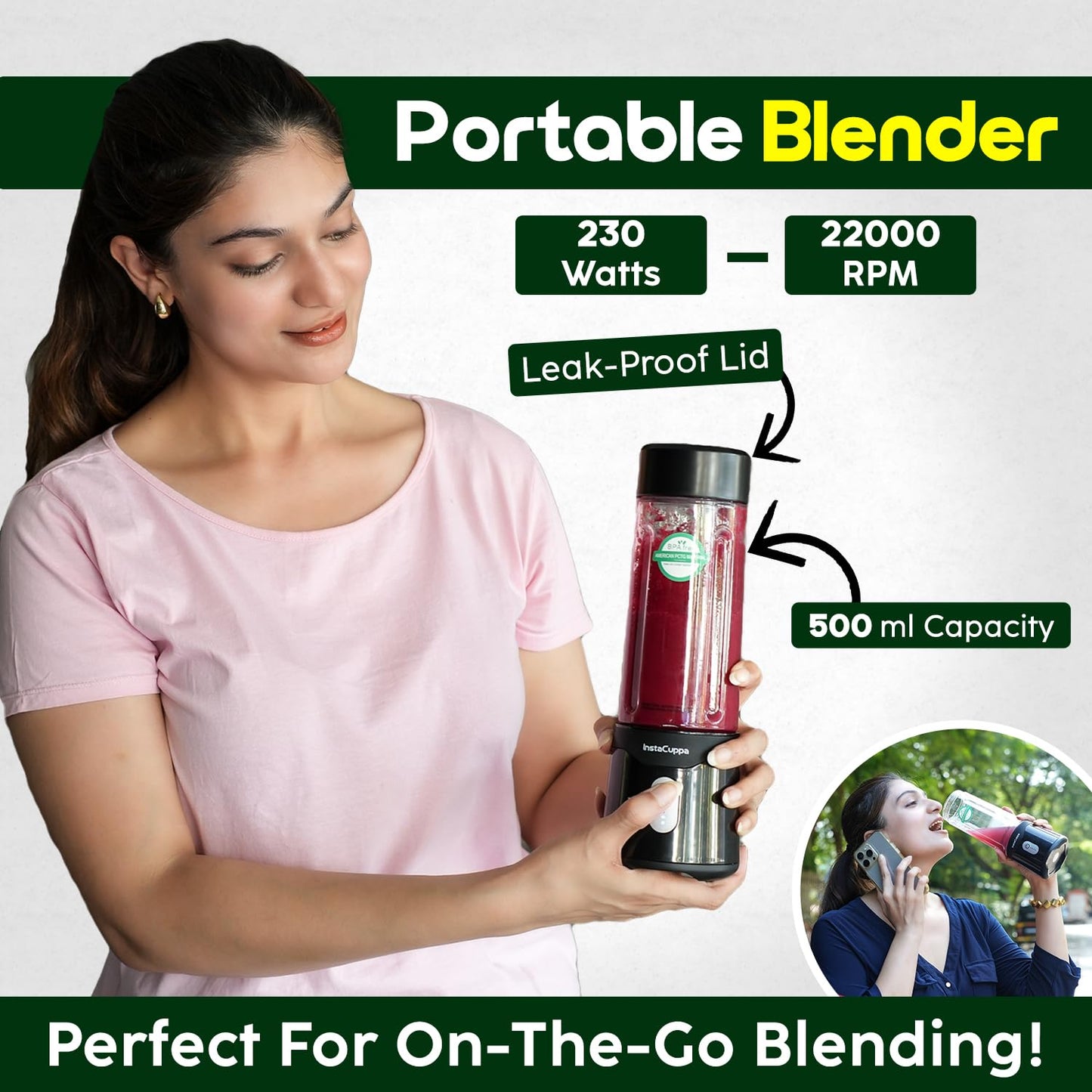 InstaCuppa Portable Blender for Smoothie, Milk Shakes, Crushing Ice and Juice, USB Rechargeable Battery with 4000 mAh 230 Watts Motor, 500 ML, built-in Jar, Black (Stainless Steel Blades)