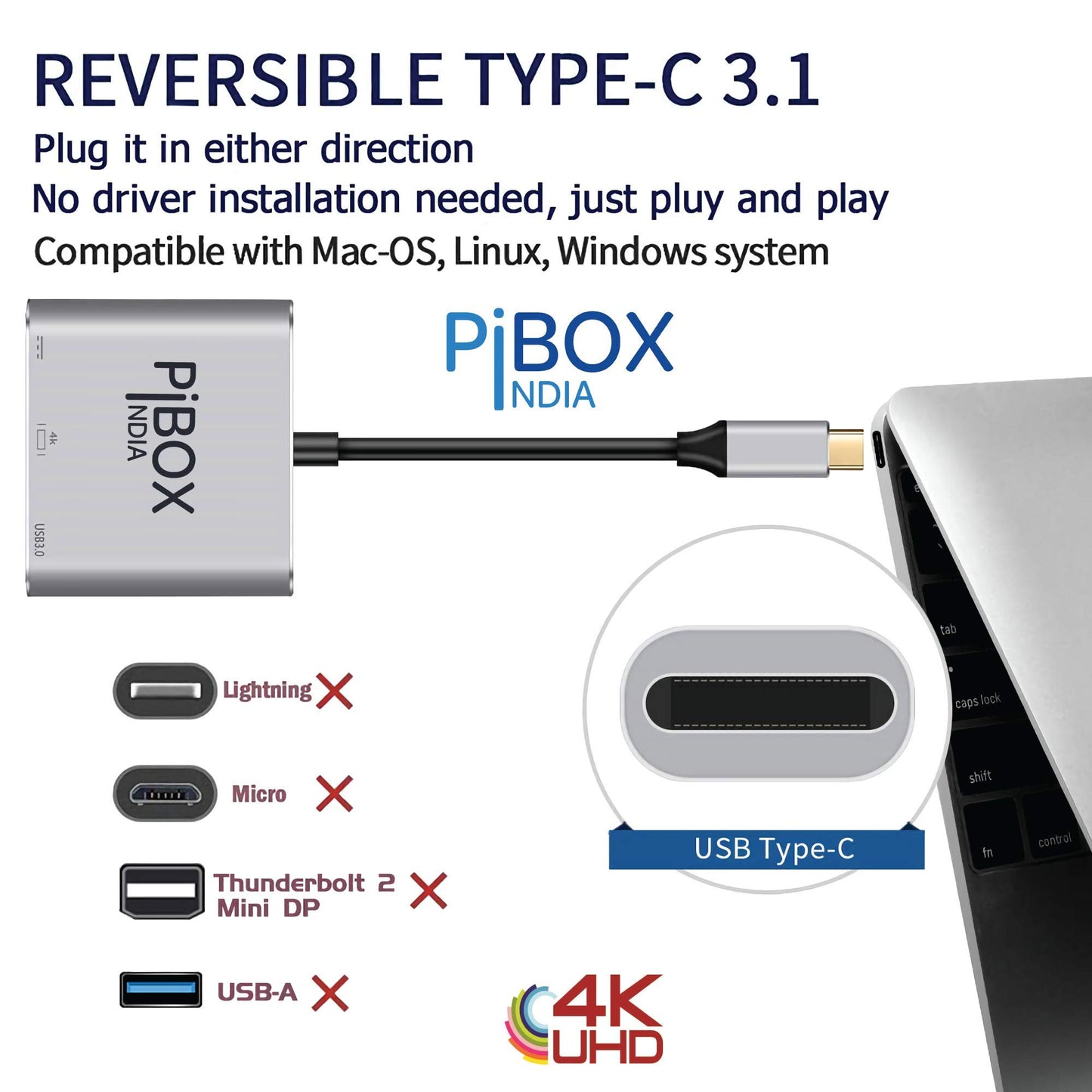 PiBOX India USB C to HDMI Adapter HDCP Support Aluminium Type C USB hub 3.1 to HDMI 4K/USB 3.0/USB C 3 in 1 Converter Cable Charging Port Adapter Cable for MacBook; Samsung Galaxy Note DEX (Grey)