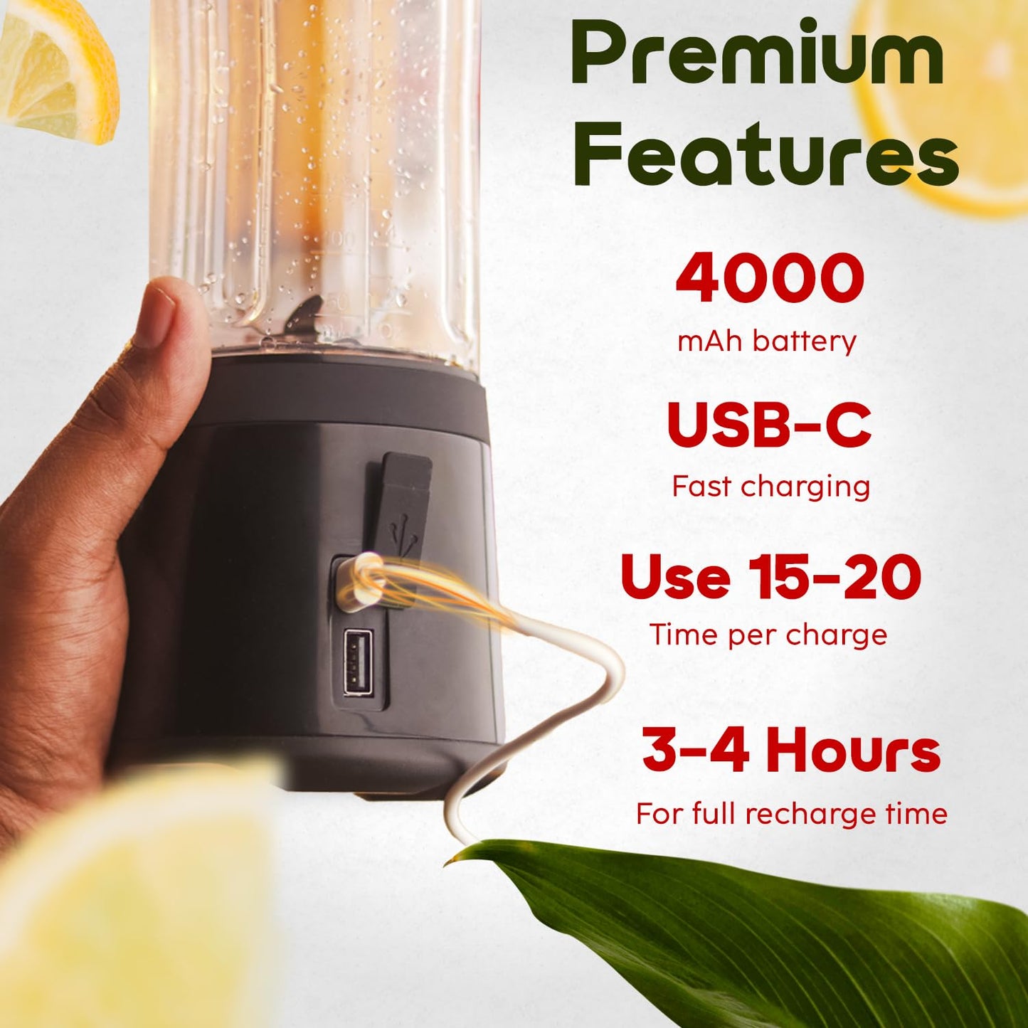 InstaCuppa Portable Blender for Smoothie, Milk Shakes, Crushing Ice and Juice, USB Rechargeable Battery with 4000 mAh 230 Watts Motor, 500 ML, built-in Jar, Black (Stainless Steel Blades)