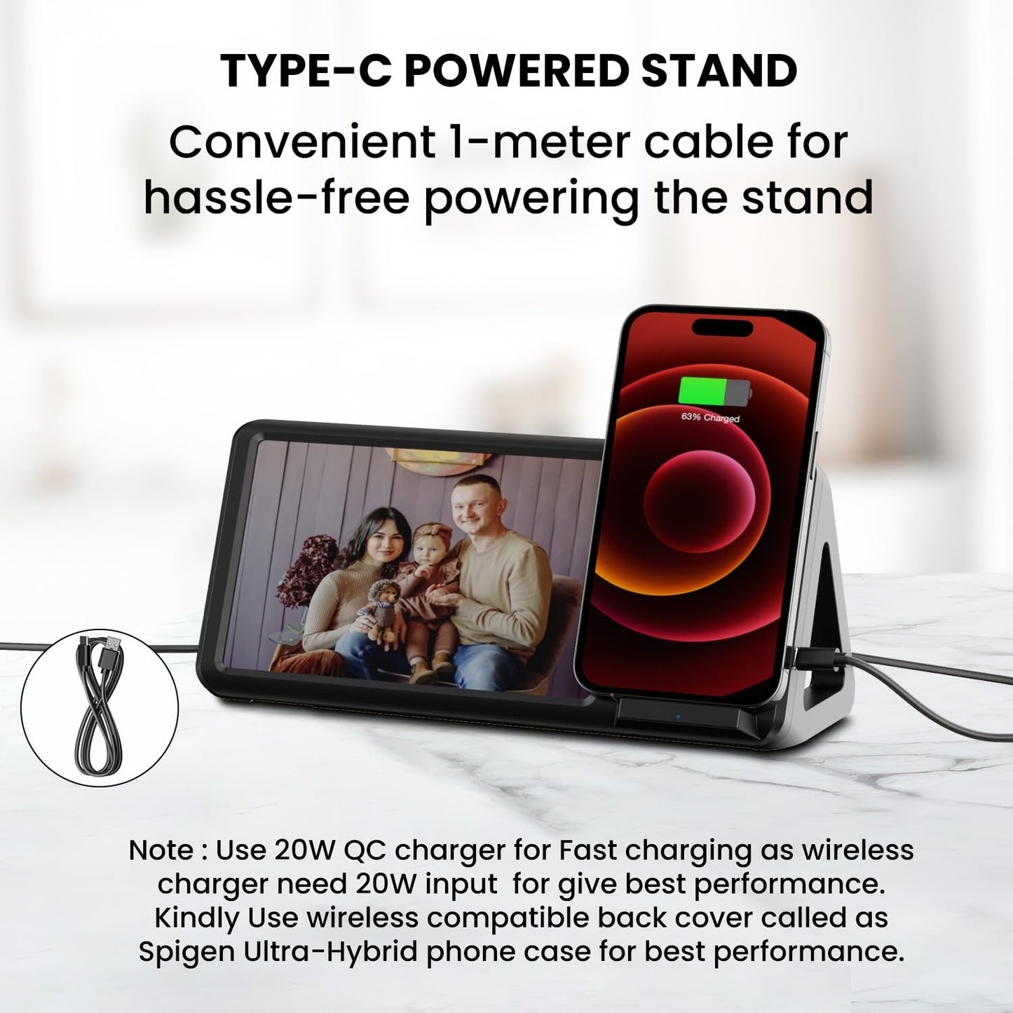Portronics Freedom 5 Provides Double Utility- a 15W Wireless Charger for Your iPhone (12 & Above Series) and a Photo Frame to Preserve Your Timeless Memories(Black)