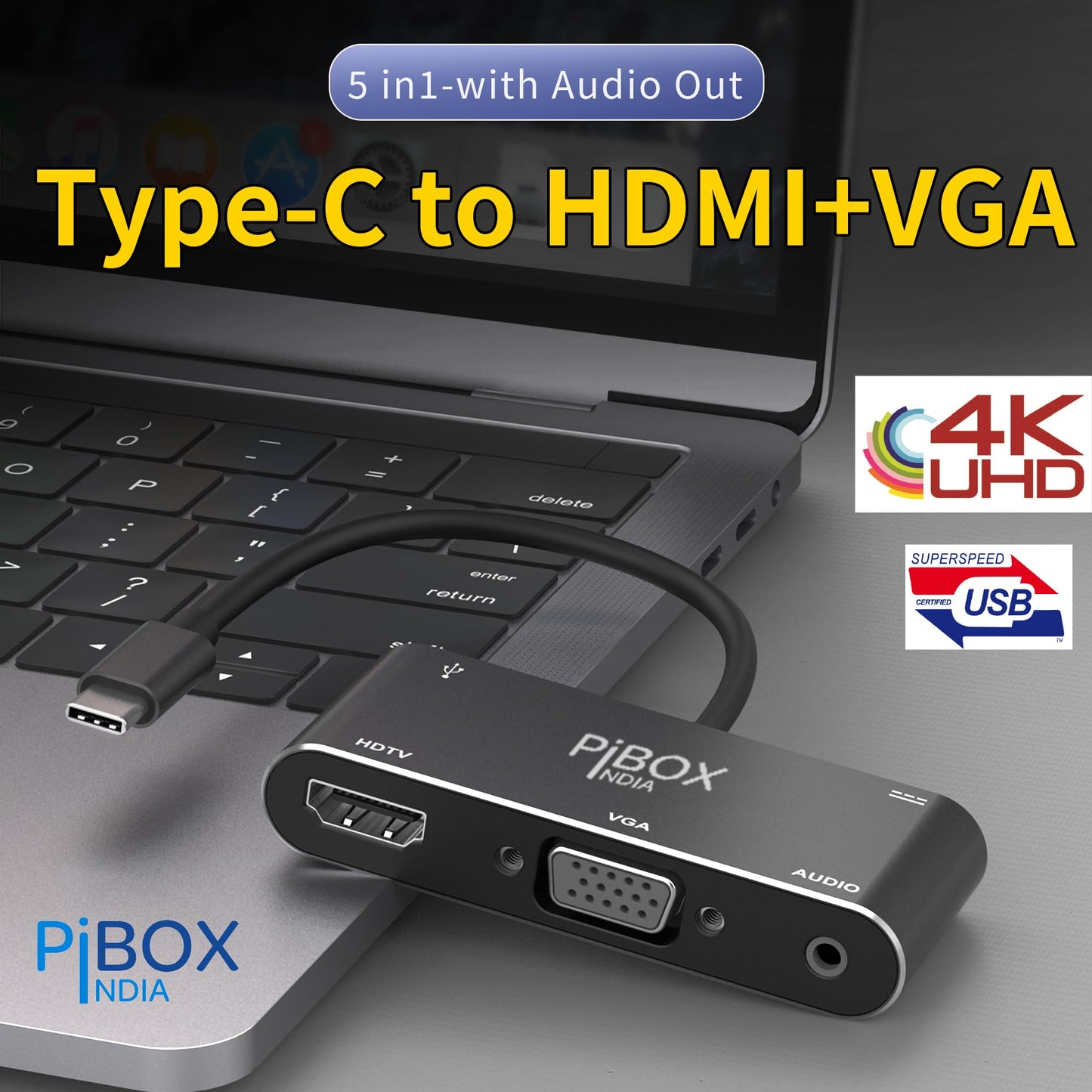 PiBOX India, USB C to HDMI VGA USB Adapter, Aluminium Type C USB hub 3.1 to HDMI 4K/VGA/USB 3.0/USB C Converter Cable Charging Port Adapter Cable for Mac, Compatible Samsung Galaxy/Samsung Note